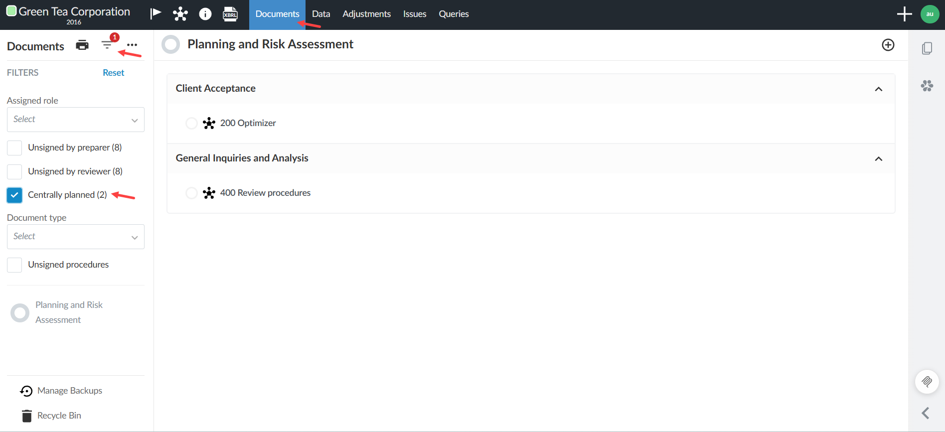 The user interface for filtering centrally planned documents in the Document Map.